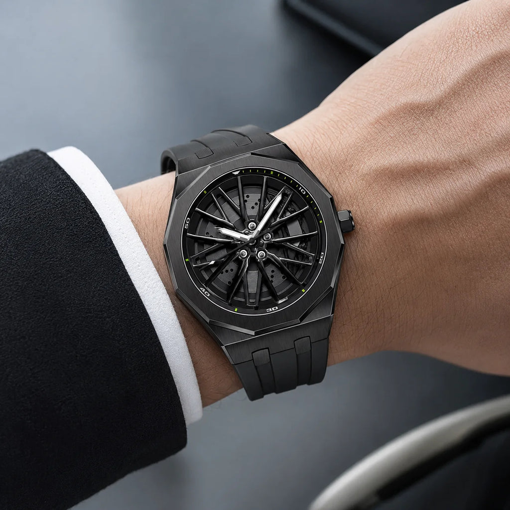 Hub-Style Rotating Quartz Rubber Band 47mm Pointer Dial Stainless Steel Case 30M Water Resistant Simple Men's Fashion Watch
