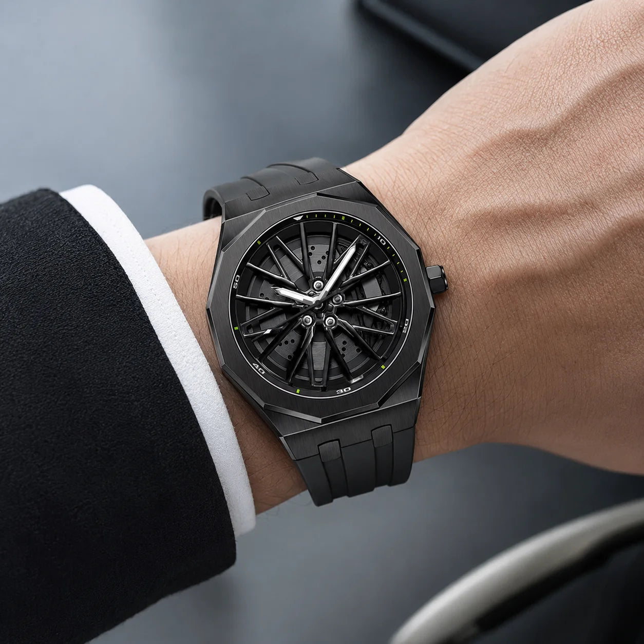 Hub-Style Rotating Quartz Rubber Band 47mm Pointer Dial Stainless Steel Case 30M Water Resistant Simple Men's Fashion Watch