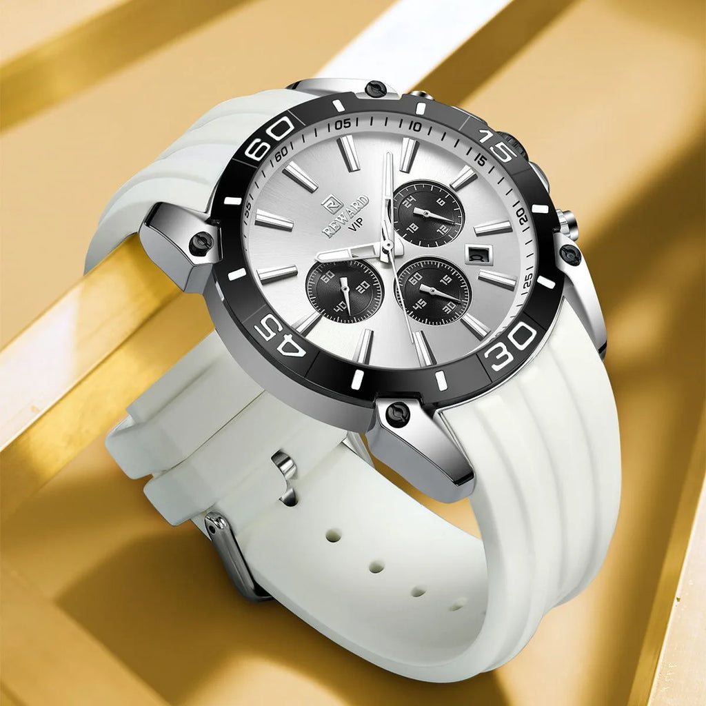 Mens Quartz Chronograph Sports Watch 45mm Dial Silicone Band Alloy Case 12mm Skin-Friendly Three-Subdial Six-Hand Pointer