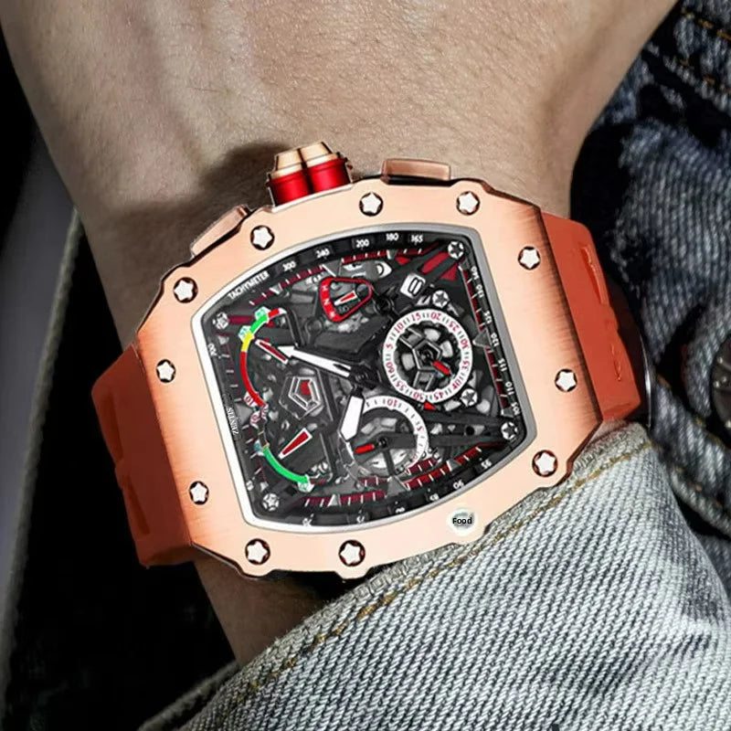 Men's Quartz Waterproof Rectangle Watch Alloy Case Silicone Band Pointer Dial Three Eyes Design