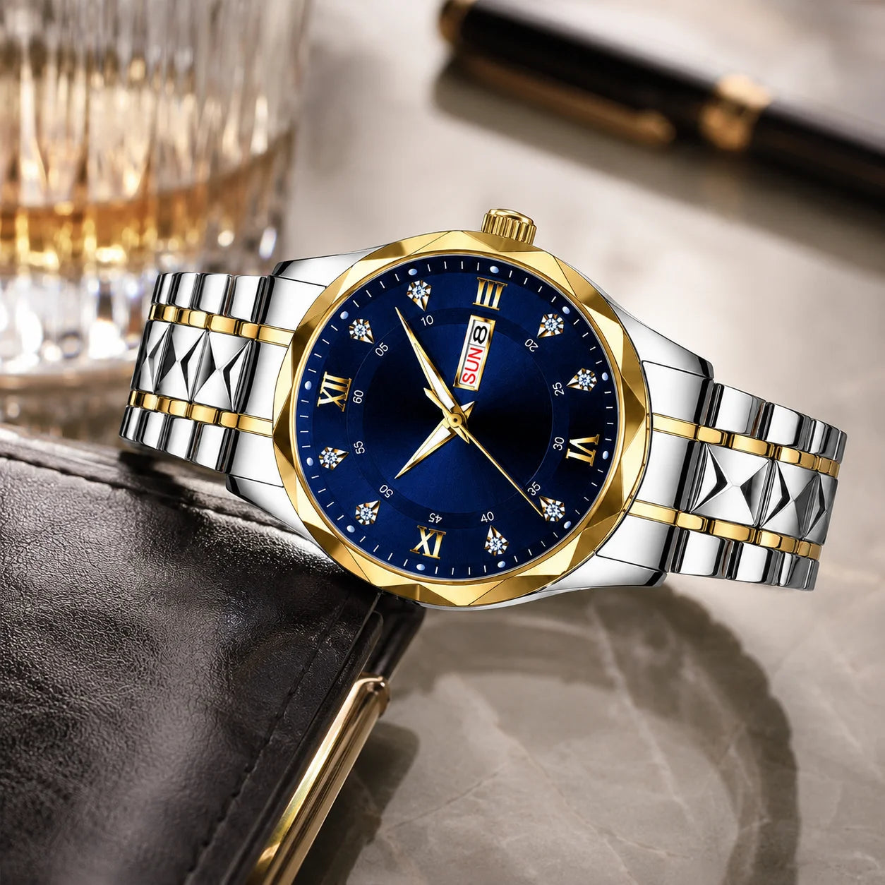 Luxury Men's Watch 10mm See-through Caseback Hollowed-out Design Dual-date Diamond-patterned Luminous Hands Pointer