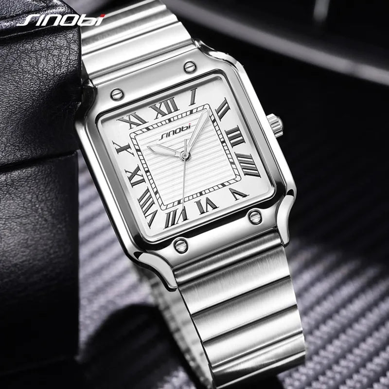 Foreign Trade Men's Stainless Steel Alloy Square Quartz Watch 30M Water Resistant Business Style Pointer Dial S9983G Wholesale