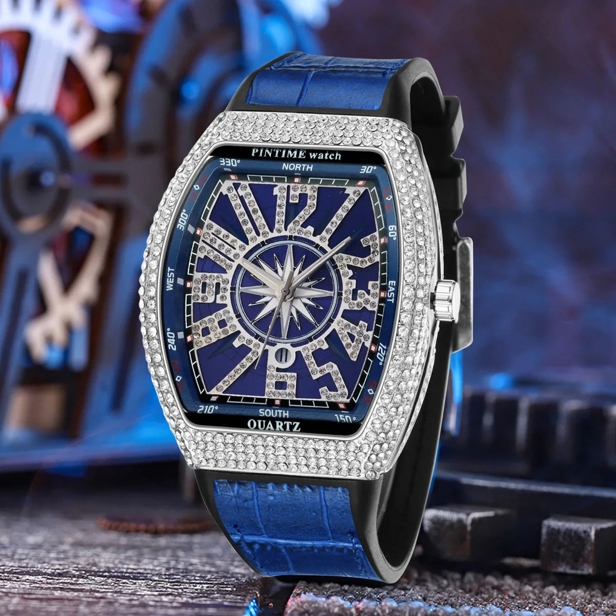 Men's Watch 50mm Alloy Barrel Case Leather Strap Pointer Dial Quartz Movement Eco-Friendly Wine Yacht Diamond Vintage Design