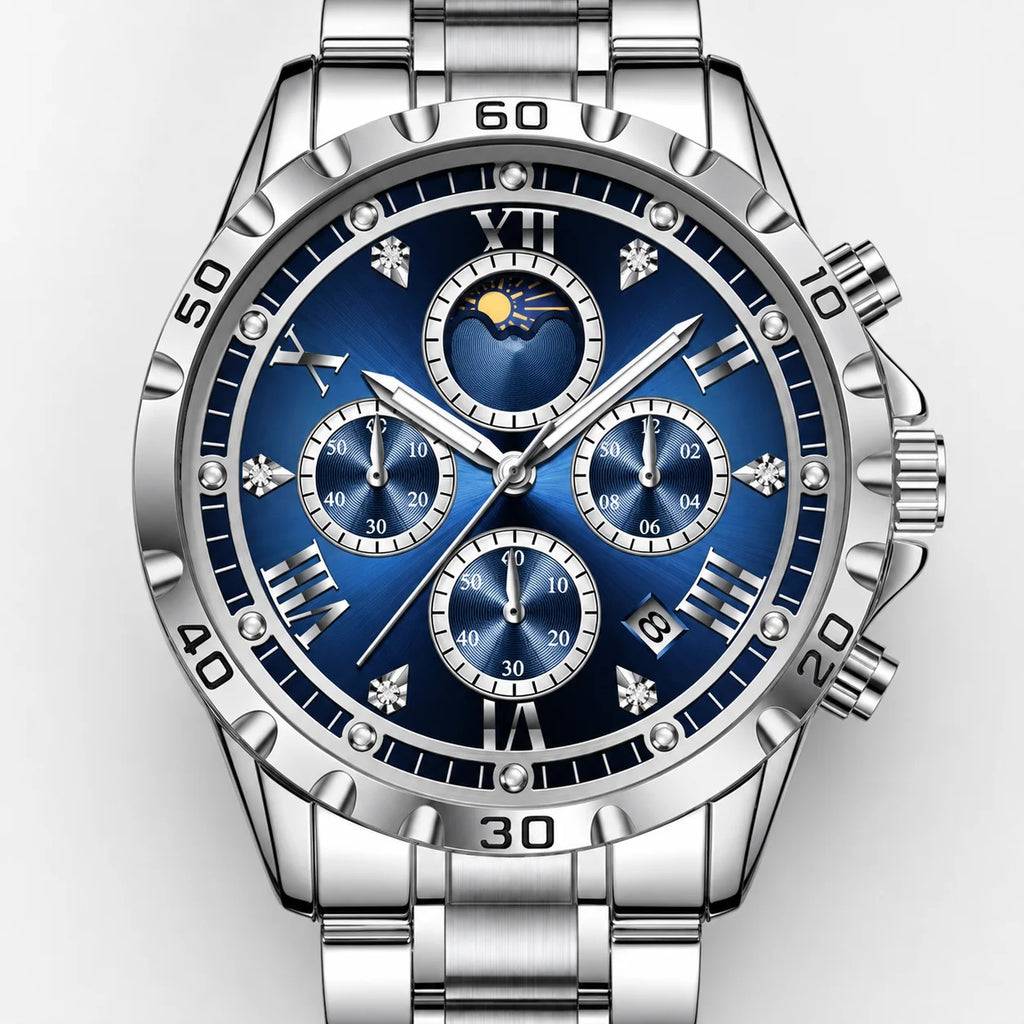 Men's Watch Luminous Quartz Movement Stainless Steel Band Alloy Case Pointer Dial Hidden Clasp 30M Water Resistant