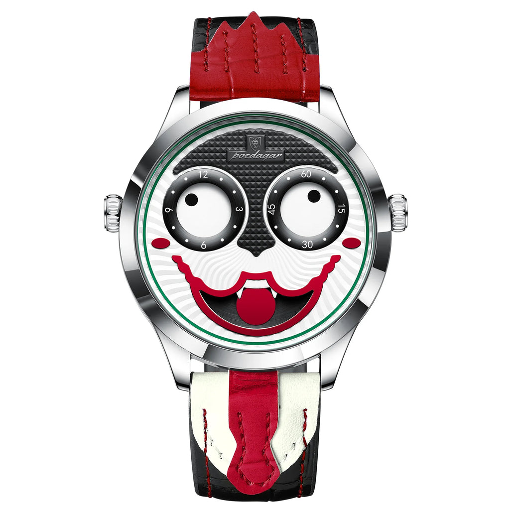 Cross-border Mens Clown-style Cartoon Fashionable Waterproof Alloy Leather Strap Quartz Movement Pointer 30M Water-resistant