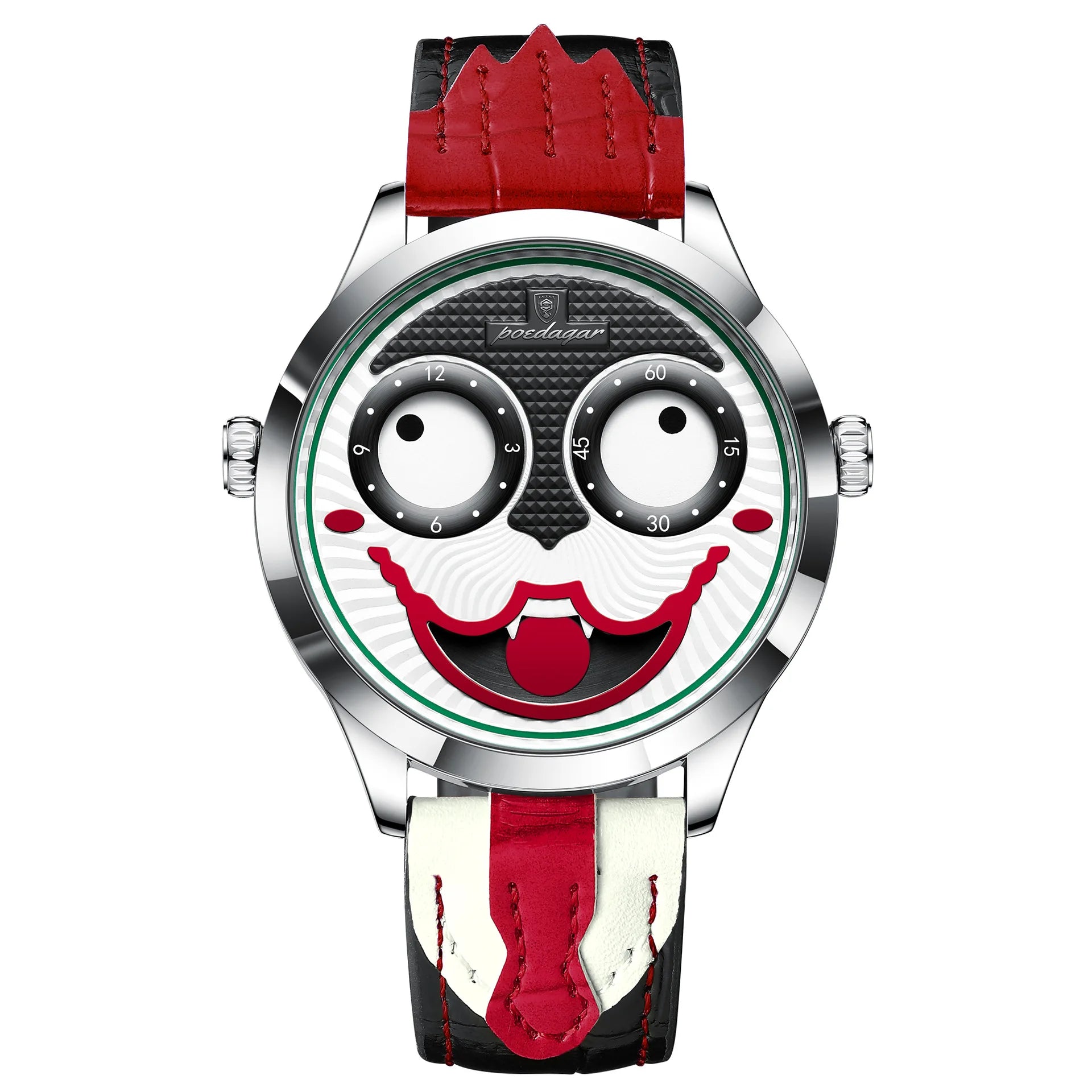 Cross-border Mens Clown-style Cartoon Fashionable Waterproof Alloy Leather Strap Quartz Movement Pointer 30M Water-resistant