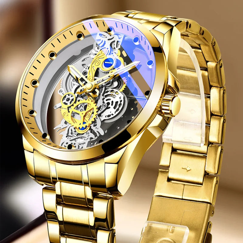 Double-Sided Transparent Hollow-Out Fully Automatic Men's Quartz Watch Stainless Steel 42mm 10mm Luminous Waterproof TikTok New