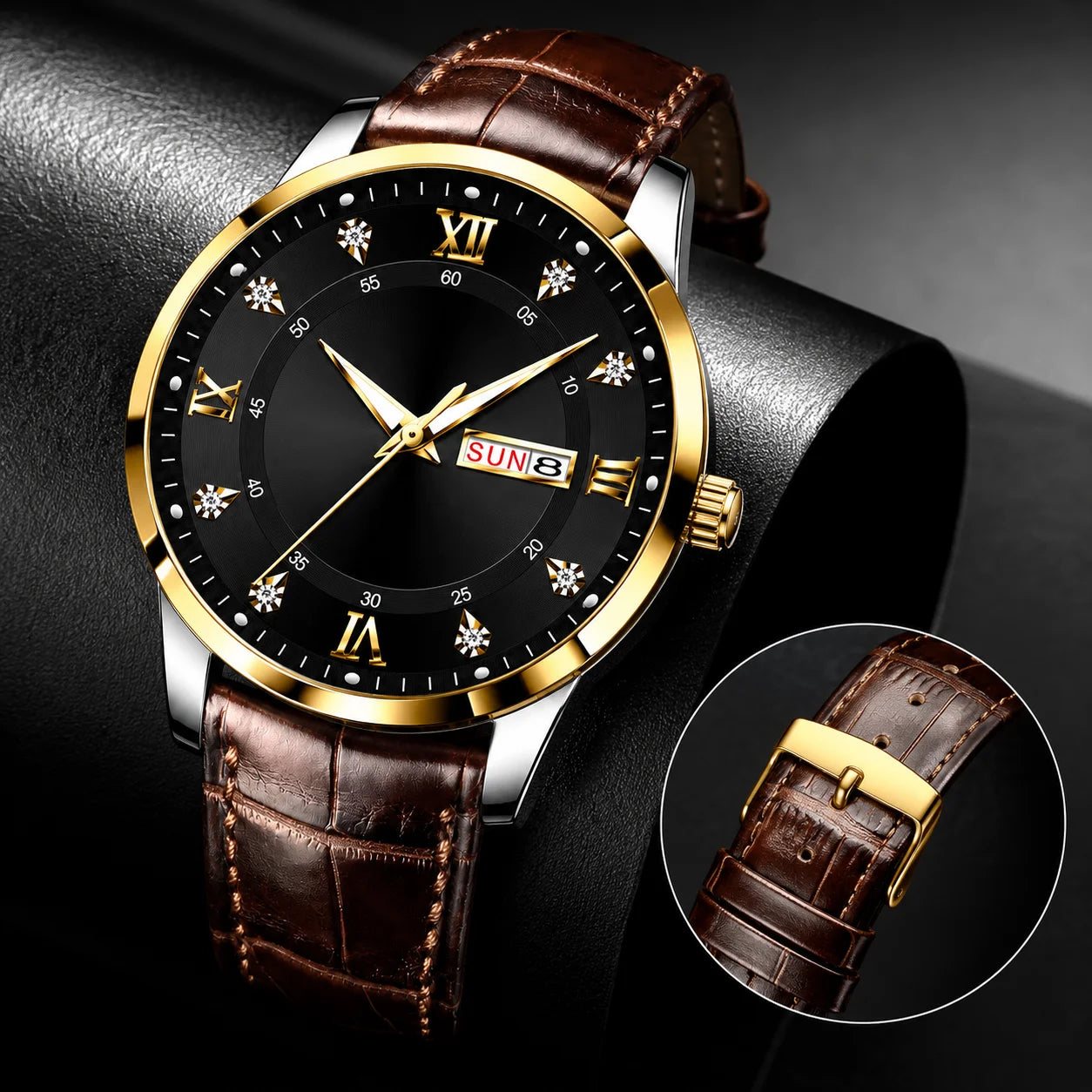 New Luxury Waterproof Luminous Double Calendar Analog Pointer Men's Alloy Leather Band Ultra-thin Quartz Watch Sapphire Crystal