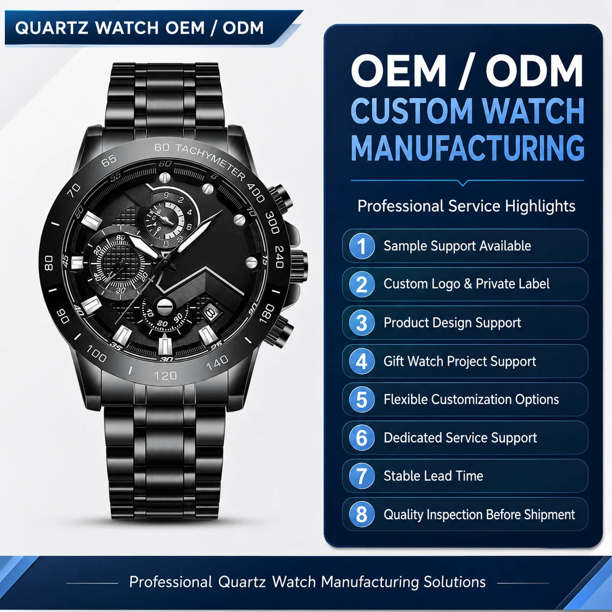 Factory-Supported Stainless Steel Watch Customization Small-Lot OEM/ODM Logo Quartz Fashion Men's Timepieces 44mm Pointer Dial