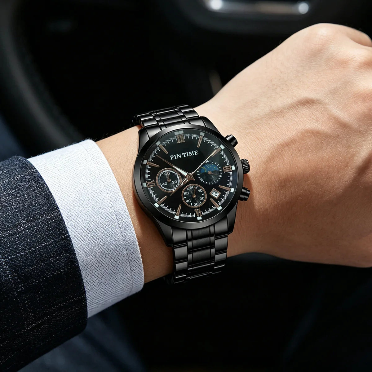 Multi-function Mens Chronograph Watch Luminous Hands Date Display 30M Water-resistant Stainless Steel Band Quartz Movement