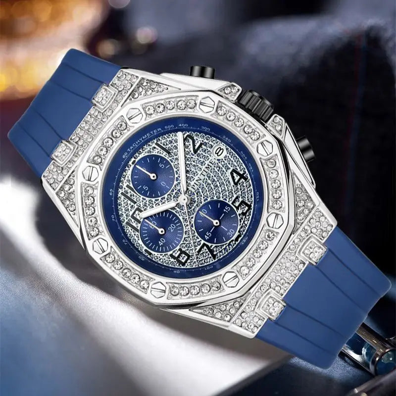 Men's Vintage Quartz Watch Alloy Diamond Accents Chronograph Function Pointer Luminous Movement Large Silicone Band 30M Water