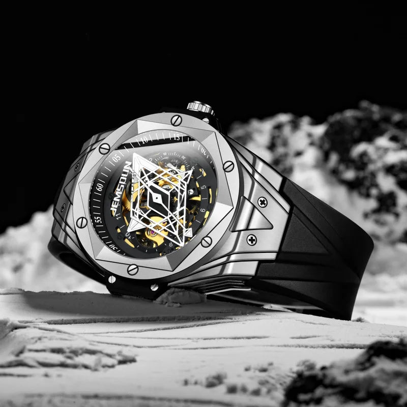 Fashionable Mens Fully Automatic Mechanical Watch Alloy Case Pointer Dial Hidden Clasp Silicone Band 30M Water Resistant Hip Hop