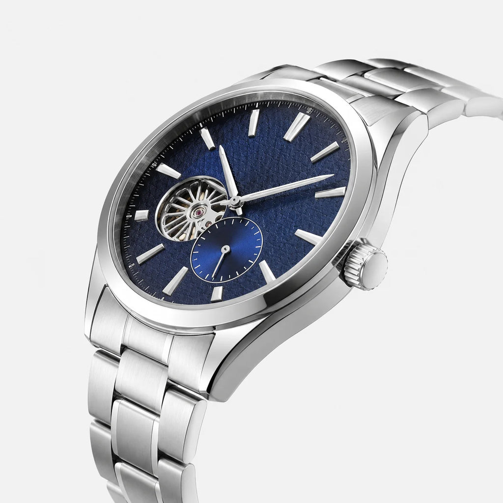 Premium Men's 10m Water Resistant Alloy Case Stainless Steel Strap Round Business-Style Mechanical Watch with Hidden Clasp