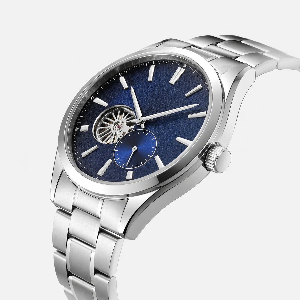Premium Men's 10m Water Resistant Alloy Case Stainless Steel Strap Round Business-Style Mechanical Watch with Hidden Clasp
