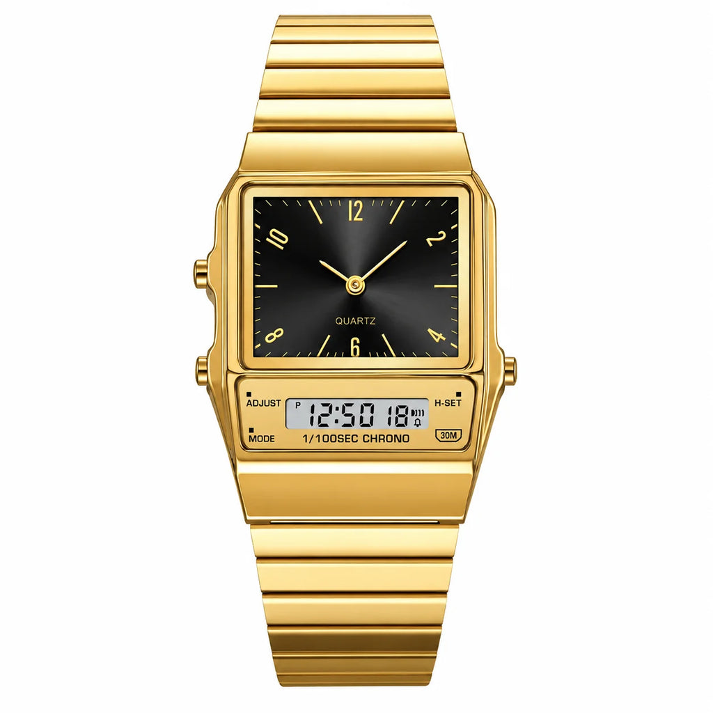 Classic Square Analog-Digital Watch Alarm Unisex Fashion Multi-Color Dial Zinc Alloy Case Stainless Steel 3BAR Water Resistant