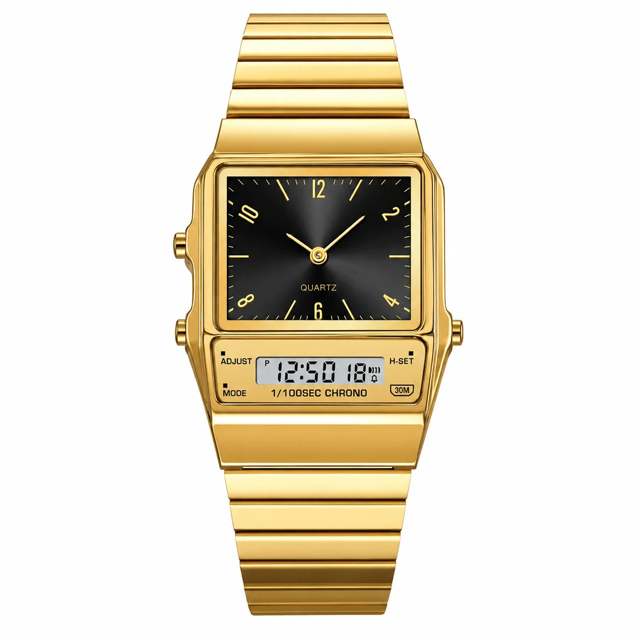 Classic Square Analog-Digital Watch Alarm Unisex Fashion Multi-Color Dial Zinc Alloy Case Stainless Steel 3BAR Water Resistant