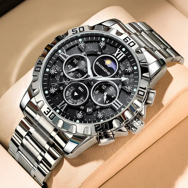 Men's Quartz Chronograph Stainless Steel Band Waterproof 30M Business-Style Wristwatch for International Trade
