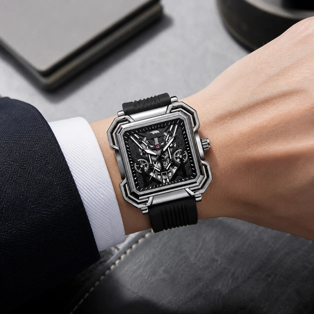 Outdoor Sports Fashion Quartz Luminous Waterproof Alloy Case Silicone Band 42mm Mens Watch Square Hollow-Out Design Cross-Border