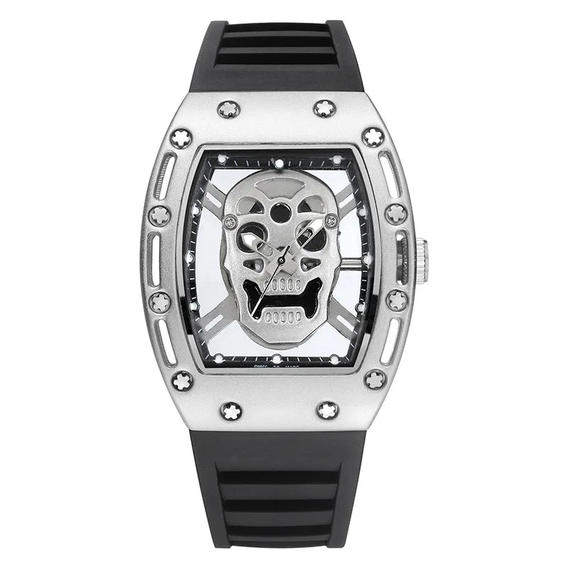 Cross-border New Fashion Skull Hollow-Out Men's Watch Alloy Case 40mm Barrel-Shaped Silicone Quartz Pointer Luminous Wholesale