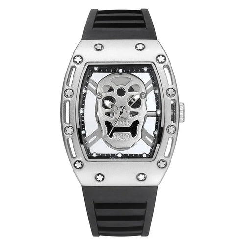 Cross-border New Fashion Skull Hollow-Out Men's Watch Alloy Case 40mm Barrel-Shaped Silicone Quartz Pointer Luminous Wholesale