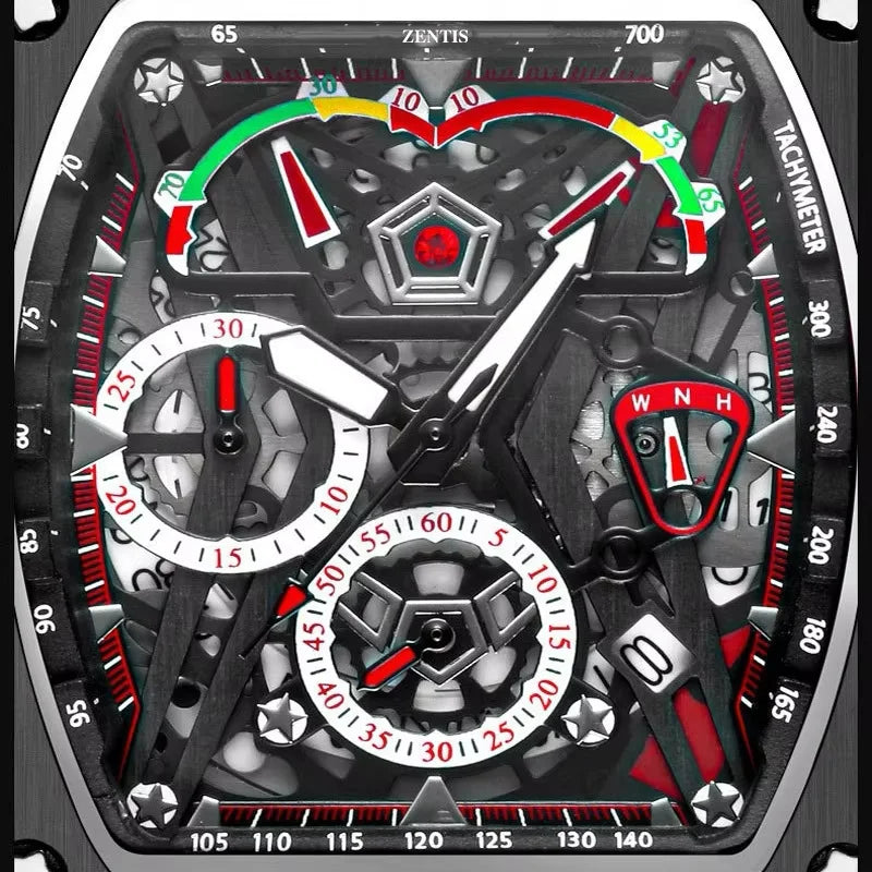 Men's Quartz Waterproof Rectangle Watch Alloy Case Silicone Band Pointer Dial Three Eyes Design