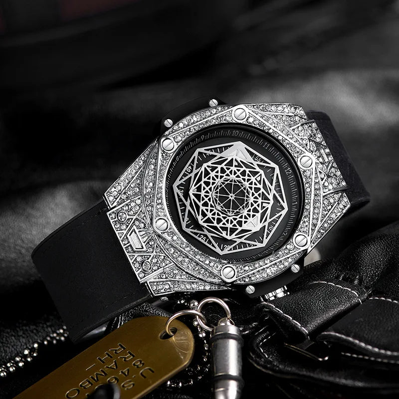 Diamond-embellished Alloy Case 45mm Pointer Dial Fashionable Trendy Creative Mens Silicone Luminous Quartz Watch