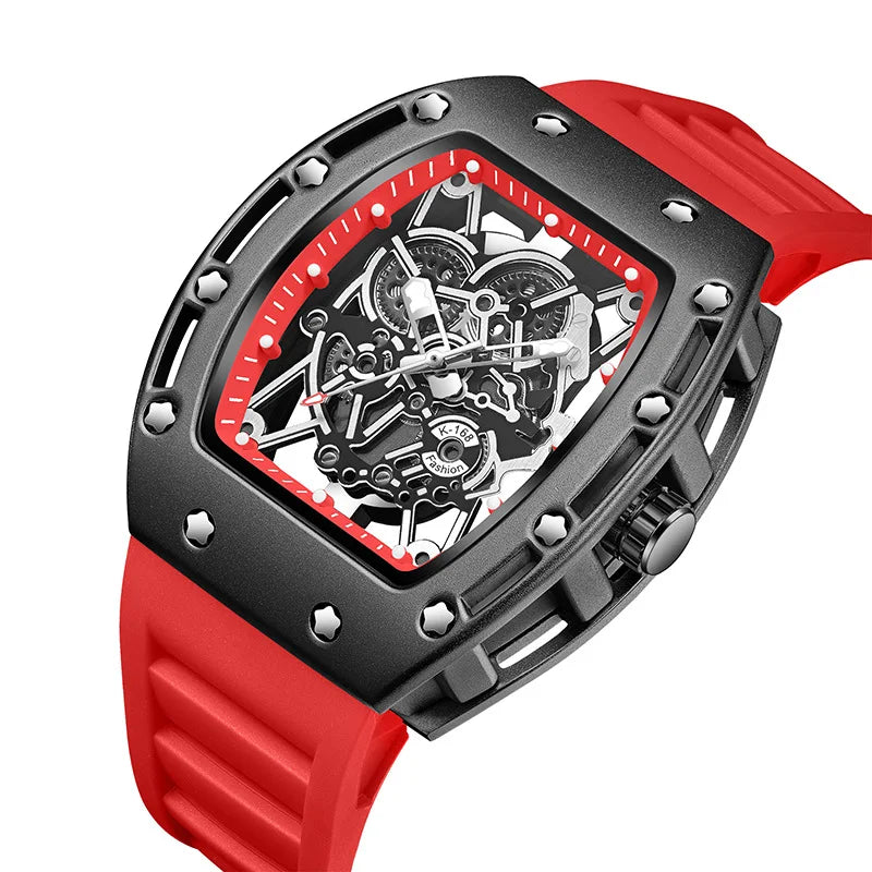43mm Luxury Fashion Luminous Waterproof Alloy Case Silicone Band Pointer Dial Hollow-Out Quartz Barrel-Shaped Men's Watch