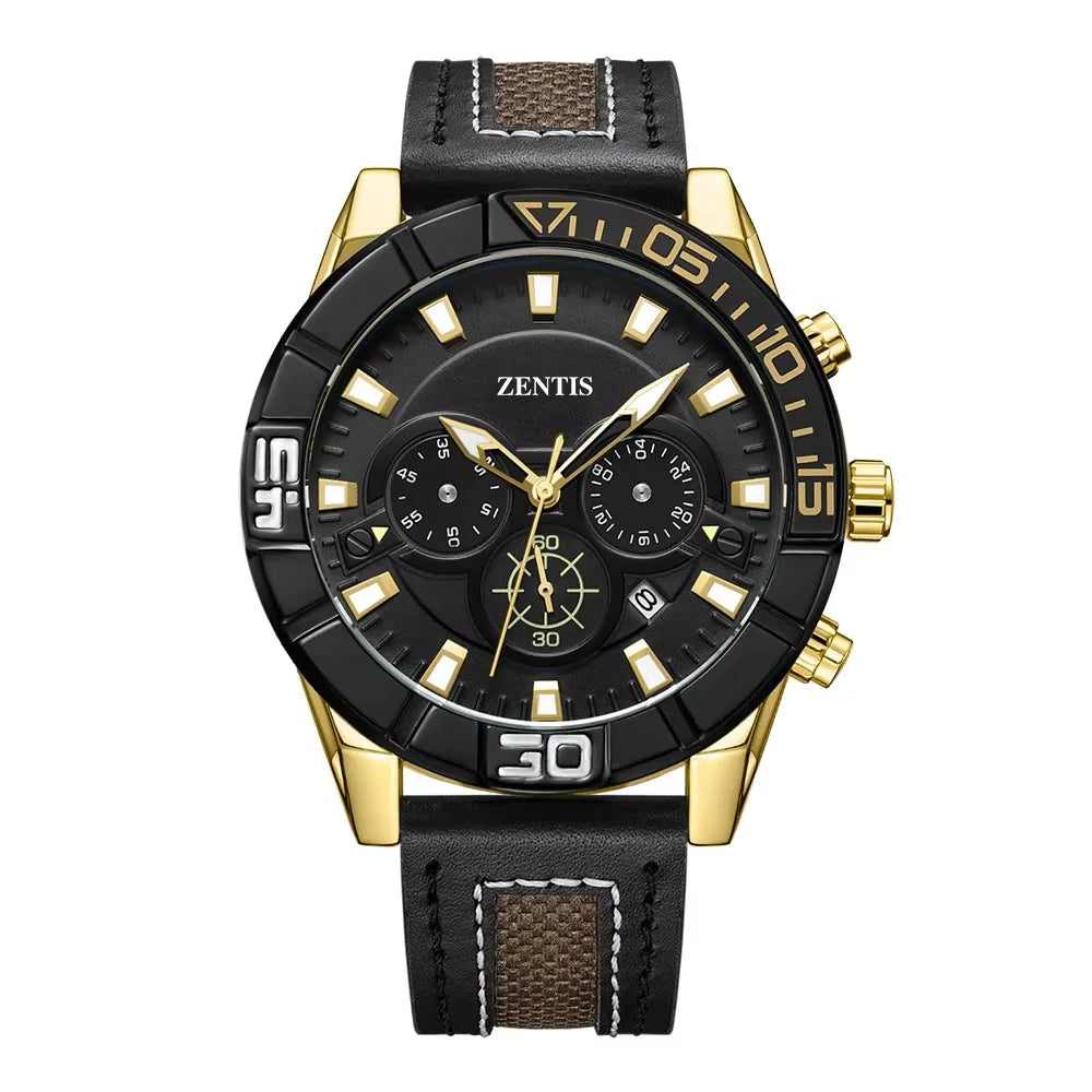 Cross-border Hot Selling Men's Sport Rotatable Diving Circle Multifunctional Chronograph Pointer Alloy Quartz Leather Waterproof
