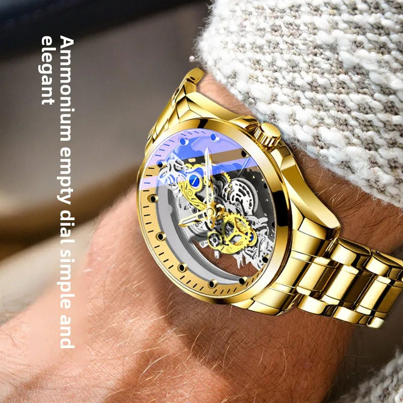 Double-Sided Transparent Hollow-Out Fully Automatic Men's Quartz Watch Stainless Steel 42mm 10mm Luminous Waterproof TikTok New