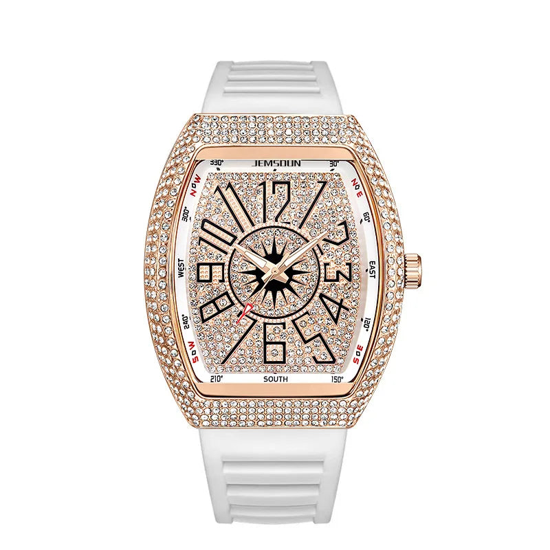 Cross-Border Best-Selling Men's Diamond-Inlaid Silicone Strap Barrel-Shaped Quartz Watch Vintage-Style Fashionable Pointer