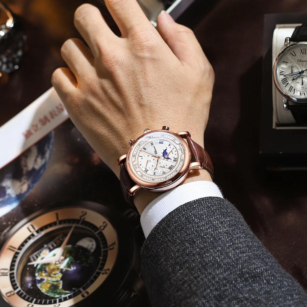 Morning Glow Multifunctional Chronograph Watch Genuine Alloy Leather Strap Quartz Movement Pointer 44mm 30M Water Resistant