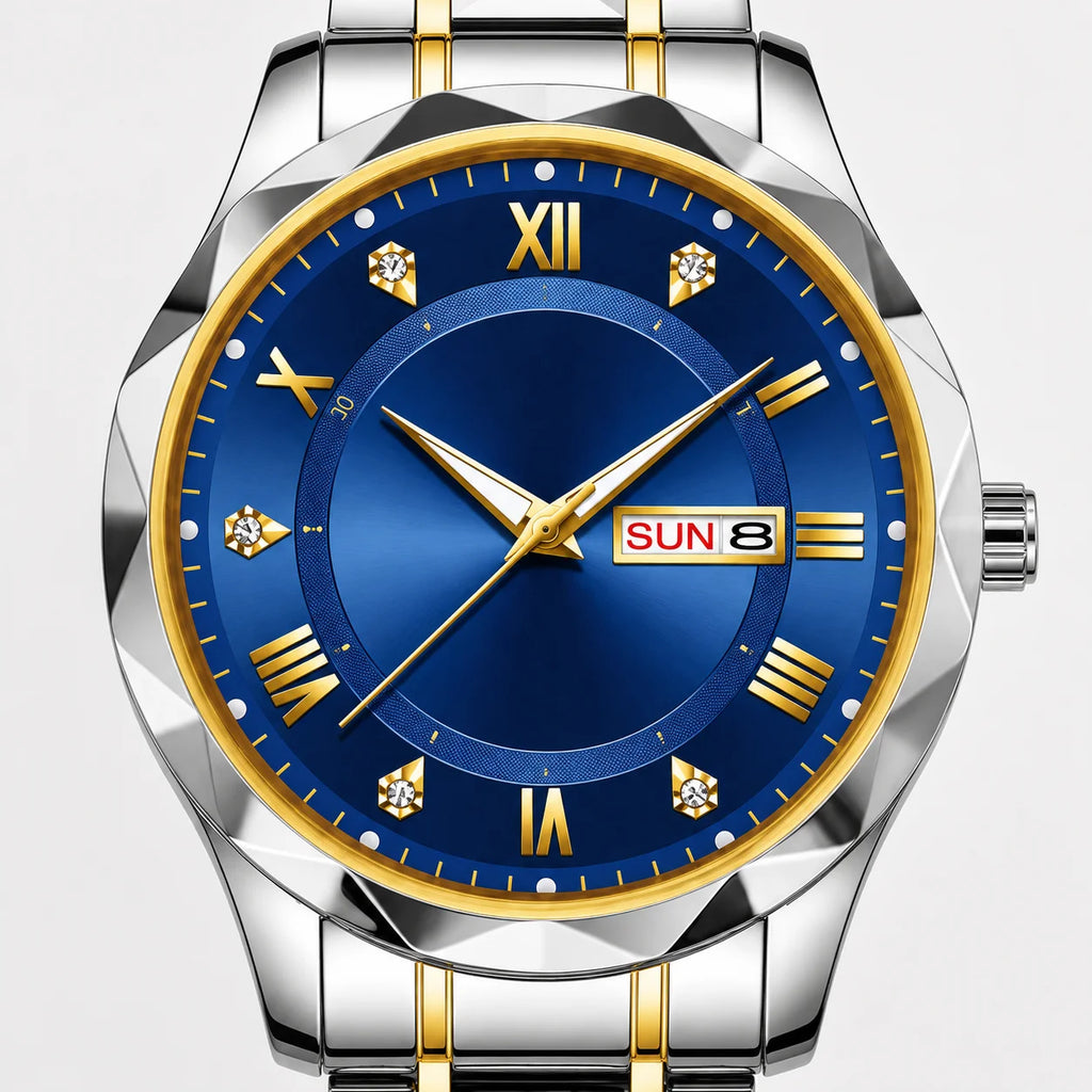 Men's Business Alloy Case 43mm Stainless Steel Strap Quartz Watch 30M Water Resistant Pointer Calendar