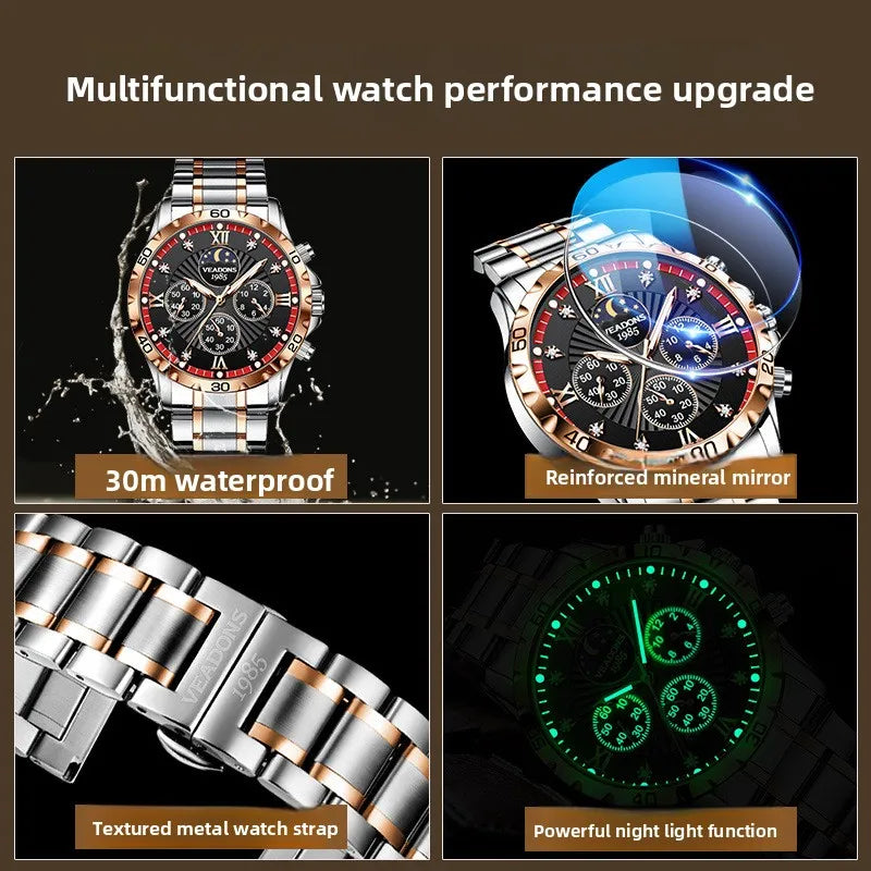 Men's Alloy Multifunctional Quartz Watch Moon Phase Chronograph Luminous Sapphire Crystal Glass 30M Water Resistant