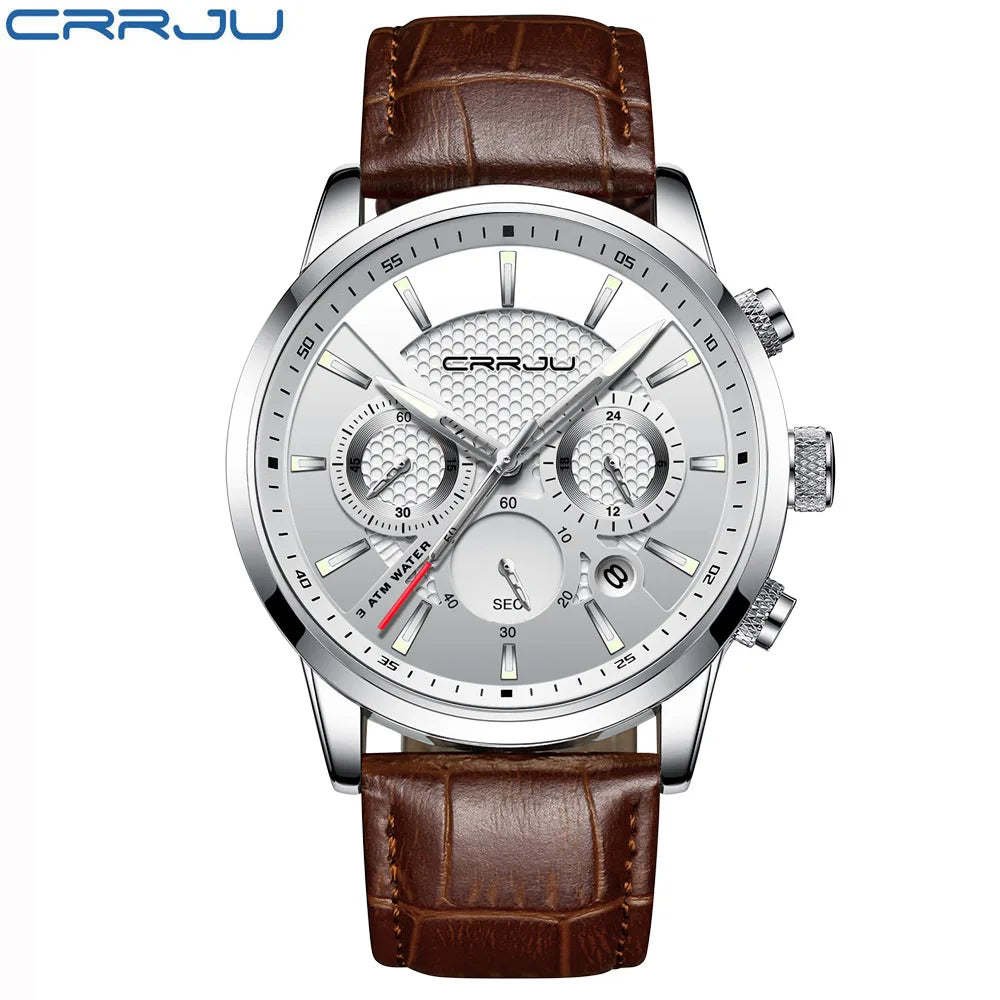 Leather Strap Quartz Alloy Case Pearl Movement Analog Dial Six-Hand Chronograph 30M Water Resistant Stylish Leisure Men's Watch