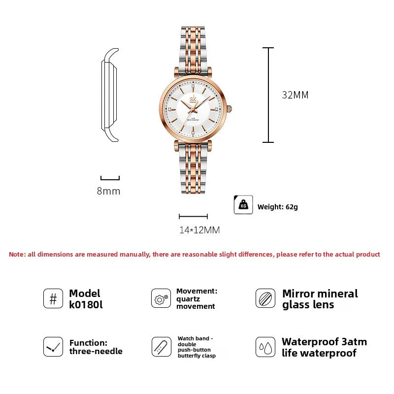 Women's Luxury Business Watch Alloy Stainless Steel Band 32mm Dial Quartz Movement 30M Water Resistant Rivet Design Model 0180