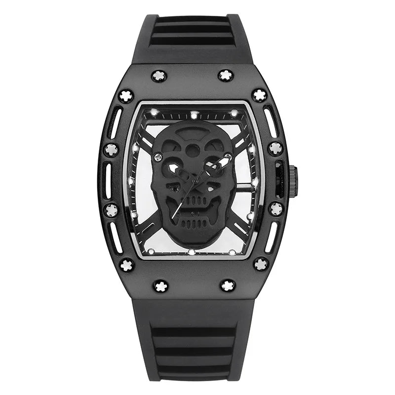 Cross-border New Fashion Skull Hollow-Out Men's Watch Alloy Case 40mm Barrel-Shaped Silicone Quartz Pointer Luminous Wholesale