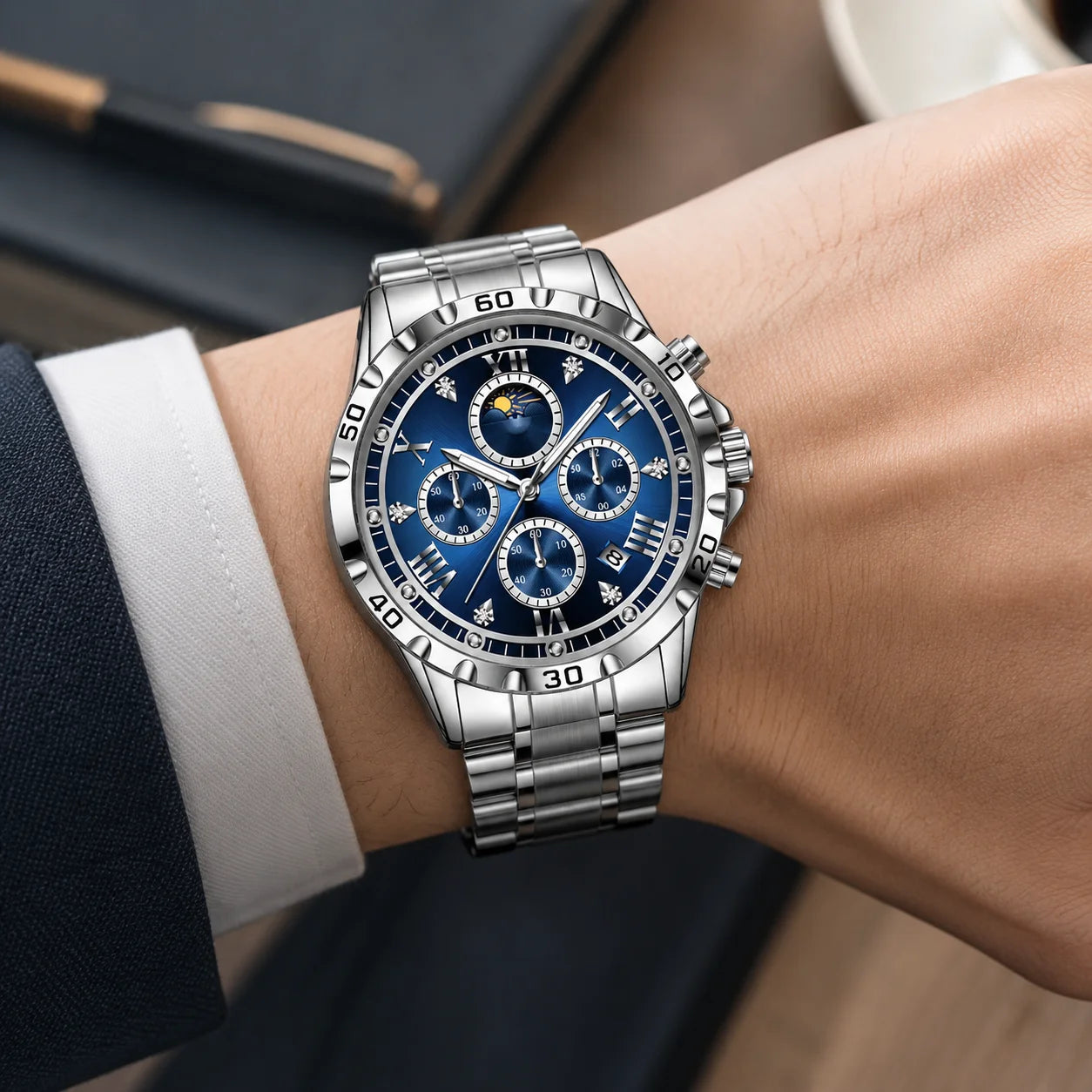 Men's Watch Luminous Quartz Movement Stainless Steel Band Alloy Case Pointer Dial Hidden Clasp 30M Water Resistant