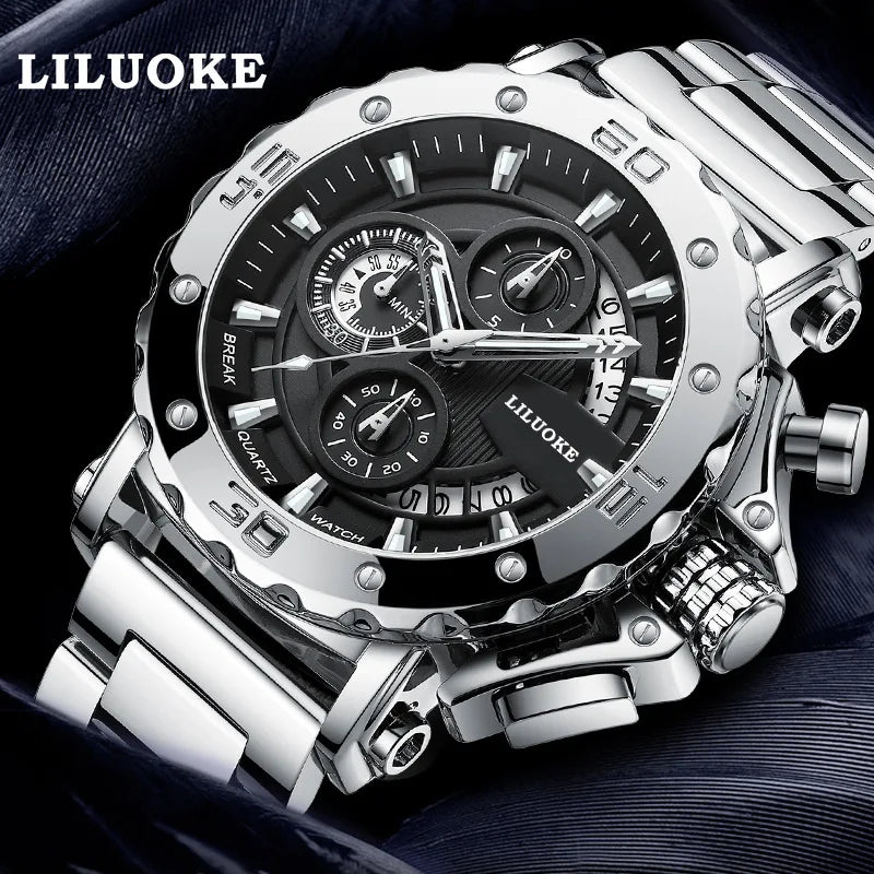 Men's Fashion Alloy Quartz Watch 45mm Pointer Dial Chunky Luminous Stainless Steel Band 30M Water Resistant Best-selling