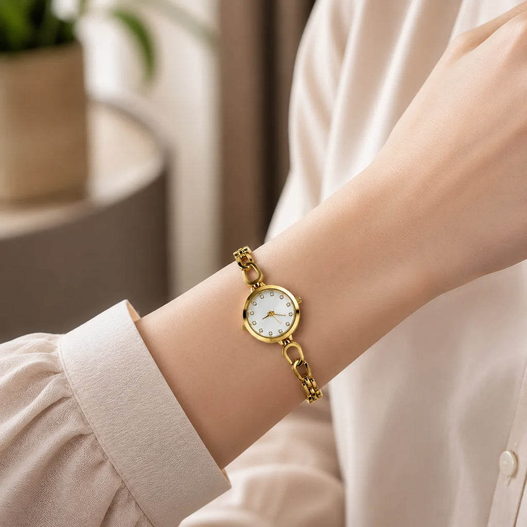 Women's Fashion Quartz Watch Alloy Case Glass Dial Stainless Steel Buckle Jewelry Clasp Metal Strap Splash Resistant Wholesale
