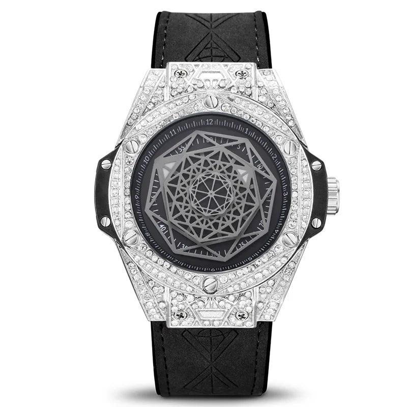 Diamond-embellished Alloy Case 45mm Pointer Dial Fashionable Trendy Creative Mens Silicone Luminous Quartz Watch
