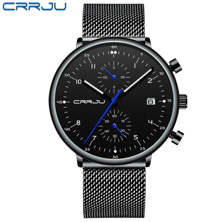 Men's Sports Watch Pearl Quartz Movement Stainless Steel 30M Water Resistant Fashionable Multifunctional Six-Hand Mesh Strap