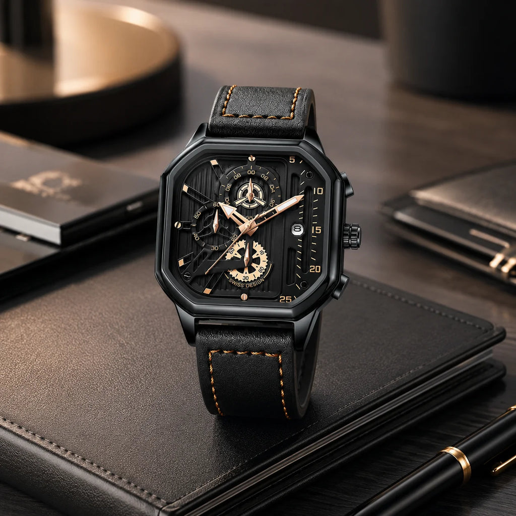 Square Alloy Business Watch Custom Logo Men's High-End Luminous Waterproof Quartz Pointer Stainless Steel Band Cross-Border Dial