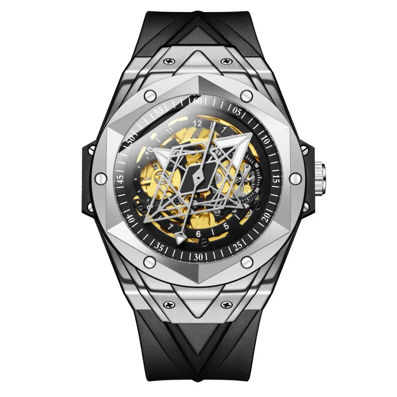 Fashionable Mens Fully Automatic Mechanical Watch Alloy Case Pointer Dial Hidden Clasp Silicone Band 30M Water Resistant Hip Hop