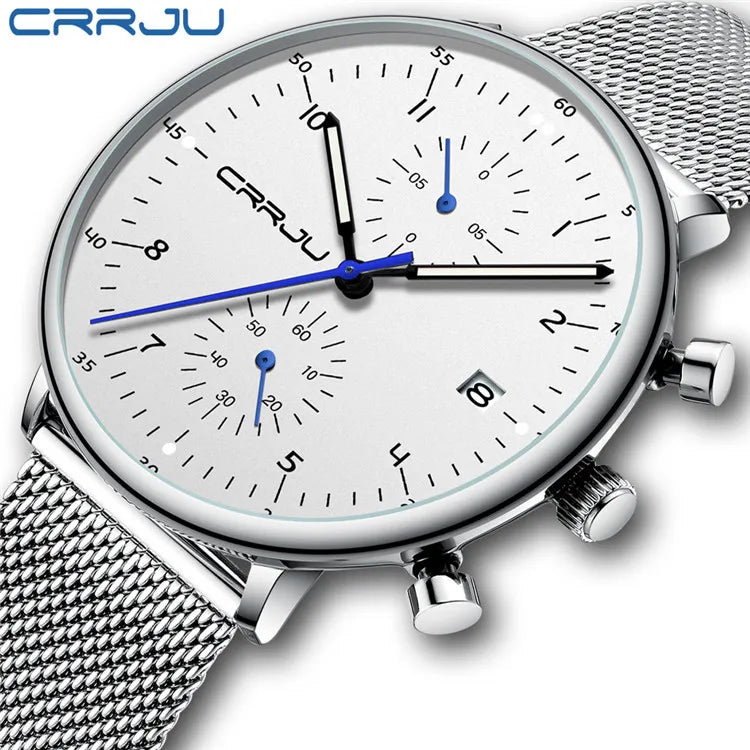 Men's Sports Watch Pearl Quartz Movement Stainless Steel Water Resistant Fashionable Multifunctional Six-Hand Mesh-Strap Box