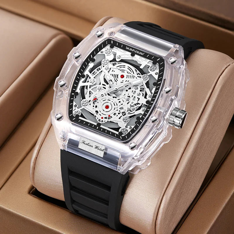 Fashion Personalized Barrel-shaped Quartz Watch Silicone Pointer Luminous Transparent Case 30M Water Resistant Stylish Mens 47mm