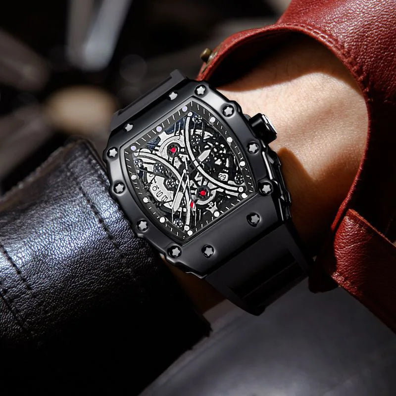 Casual Fashionable Trendy Fully Automatic Quartz Silicone Band Pointer Dial Luminous 43mm Alloy Barrel-shaped Mens Watch
