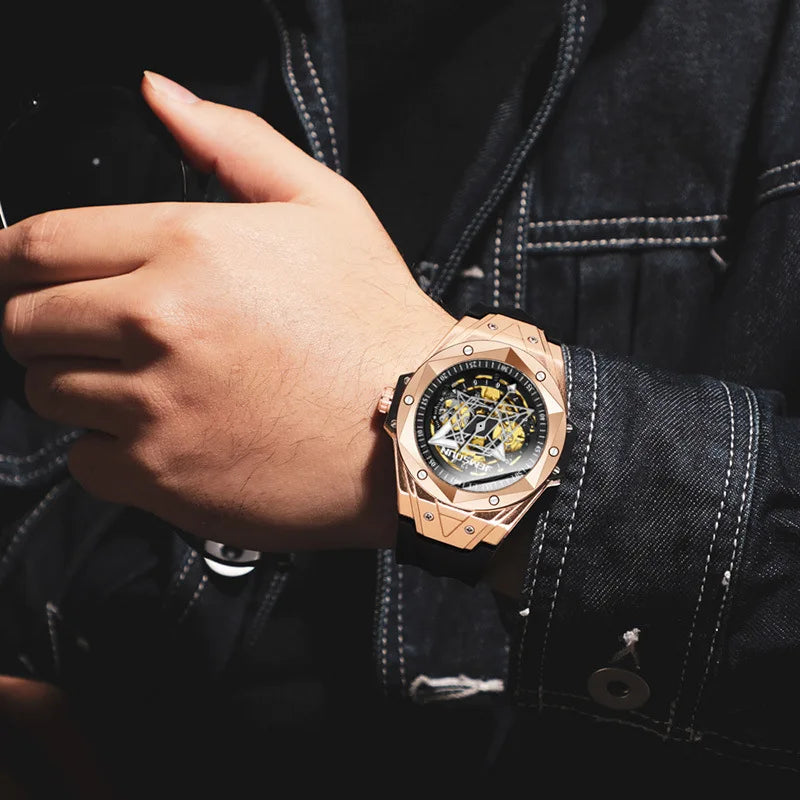 Fashionable Mens Fully Automatic Mechanical Watch Alloy Case Pointer Dial Hidden Clasp Silicone Band 30M Water Resistant Hip Hop
