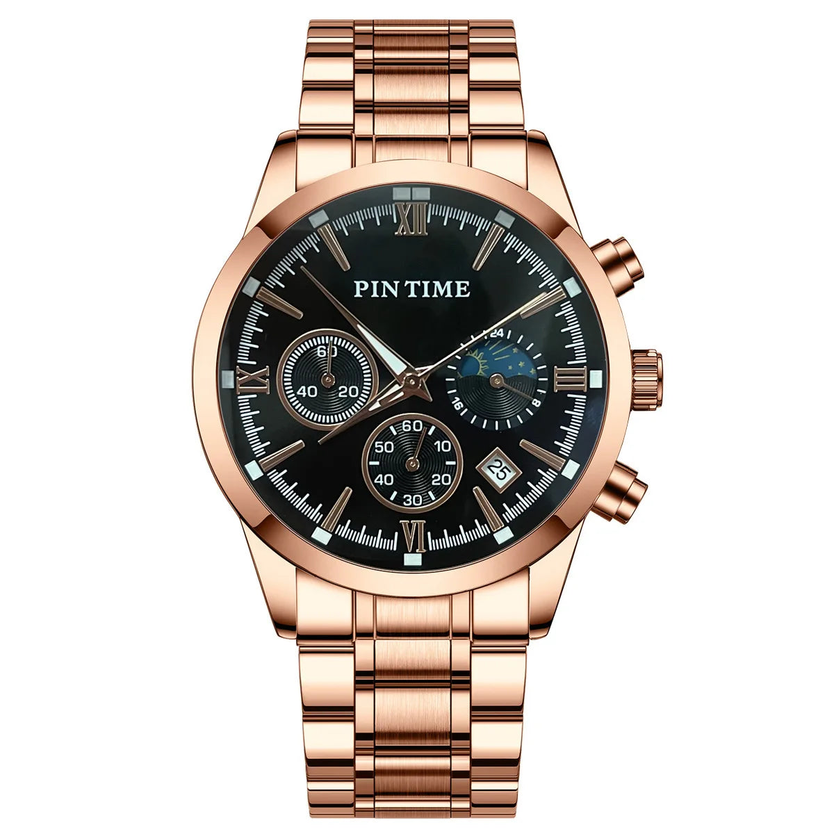 Multi-function Mens Chronograph Watch Luminous Hands Date Display 30M Water-resistant Stainless Steel Band Quartz Movement