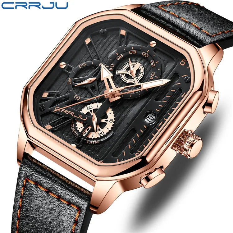 CRRJU/Cajun New Leather Strap Men's Quartz Watch Minimalist Business Style Distinctive Fashionable 30M Water Resistant in Stock