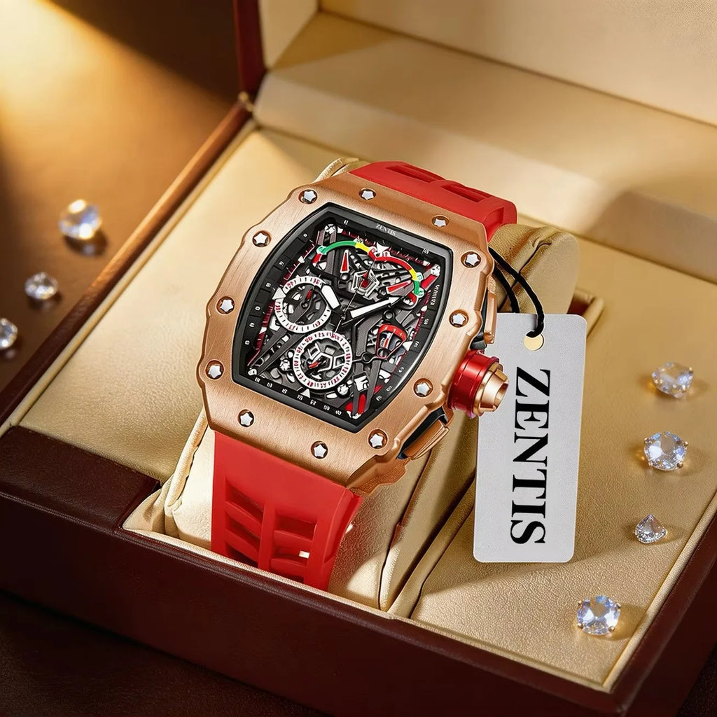 Men's Quartz Waterproof Rectangle Watch Alloy Case Silicone Band Pointer Dial Three Eyes Design